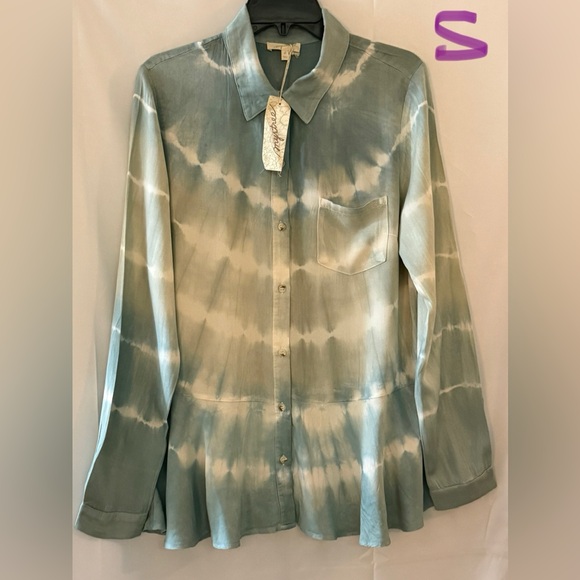 Mystree Tops - Mystree Women's Blue and Cream Tie-Dye Button Down Shirt